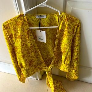 Tie front sunshine yellow floral top by Rodebjer. NWT.  Met gala floral themed.